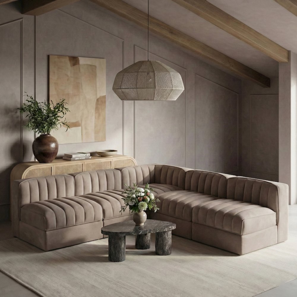 Rummi Taupe Velvet Performance Fabric Upholstered 5pc. Modular Sectional