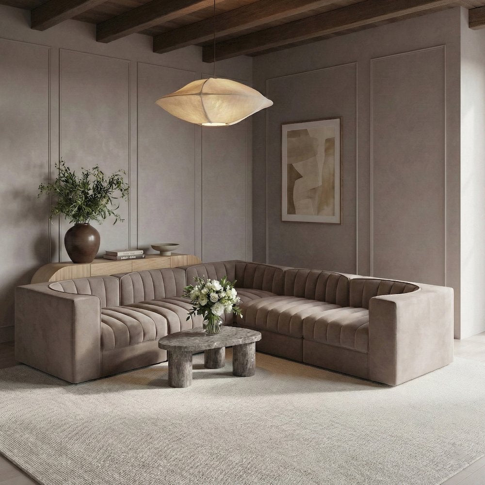 Rummi Taupe Velvet Performance Fabric Upholstered 5pc. Modular Sectional