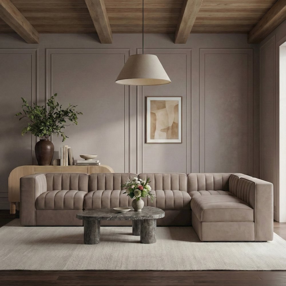 Rummi Taupe Velvet Performance Fabric Upholstered 6pc. Modular Sectional