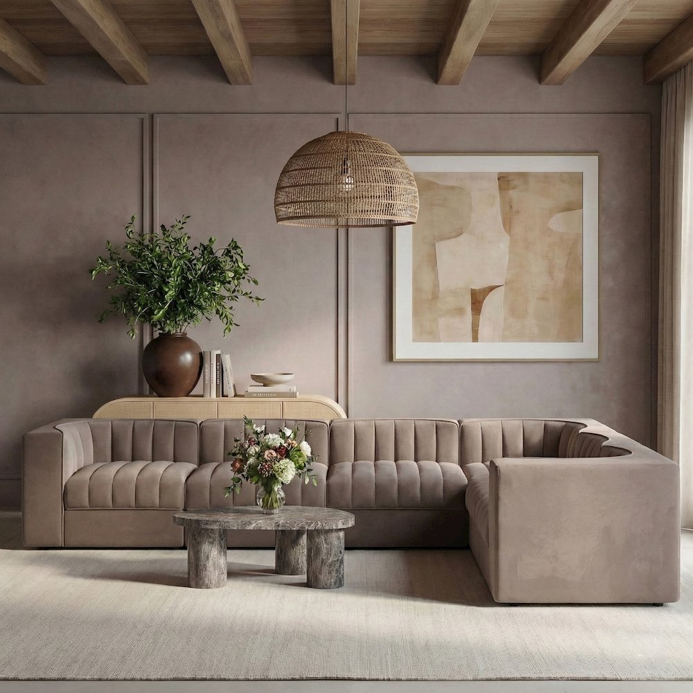 Rummi Taupe Velvet Performance Fabric Upholstered 6pc. Modular Sectional