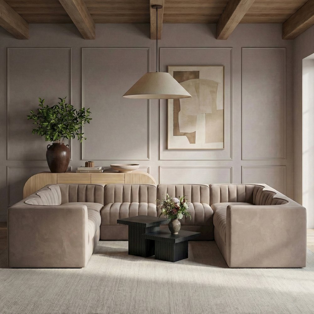 Rummi Taupe Velvet Performance Fabric Upholstered 8pc.Modular Sectional