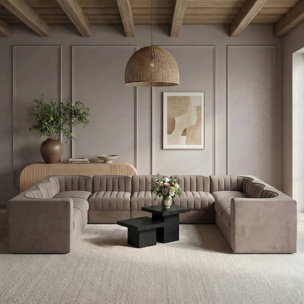 Rummi Taupe Velvet Performance Fabric Upholstered 9pc. Modular Sectional