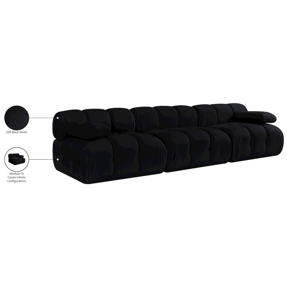 Orin Black Velvet Performance Fabric Upholstered 3 pc. Modular Sofa