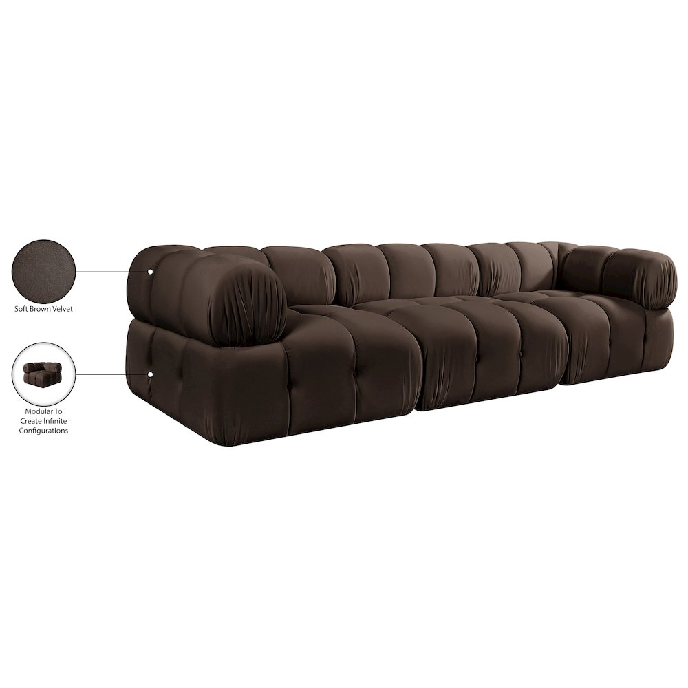 Orin Brown Velvet Performance Fabric Upholstered 3 pc. Modular Sofa