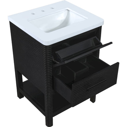 Oakwell 24" Black Engineered Stone And Solid Wood Bathroom Vanity
