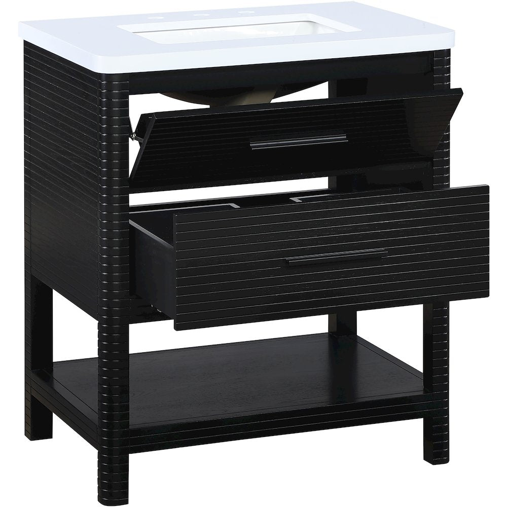 Oakwell 30" Black Engineered Stone And Solid Wood Bathroom Vanity