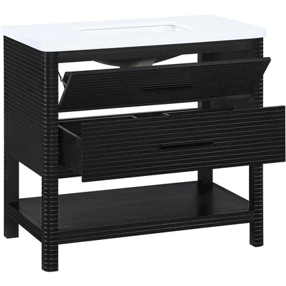 Oakwell 36" Black Engineered Stone And Solid Wood Bathroom Vanity