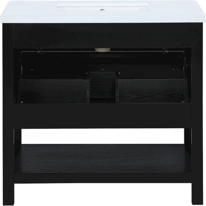 Oakwell 36" Black Engineered Stone And Solid Wood Bathroom Vanity