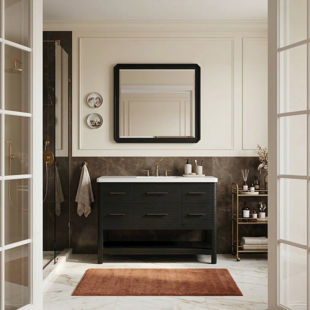 Oakwell 48" Black Engineered Stone And Solid Wood Bathroom Vanity