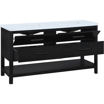 Oakwell 60" Black Engineered Stone And Solid Wood Bathroom Vanity