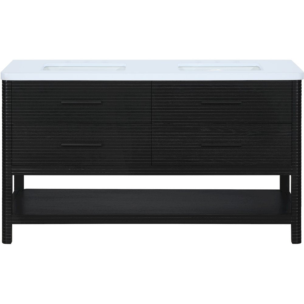 Oakwell 60" Black Engineered Stone And Solid Wood Bathroom Vanity