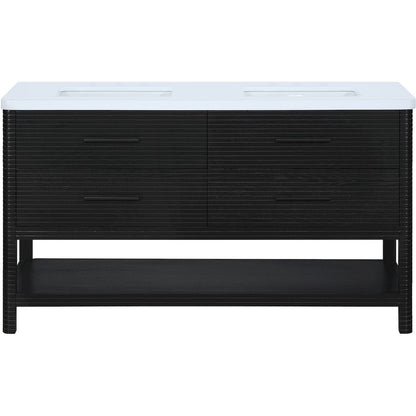 Oakwell 60" Black Engineered Stone And Solid Wood Bathroom Vanity