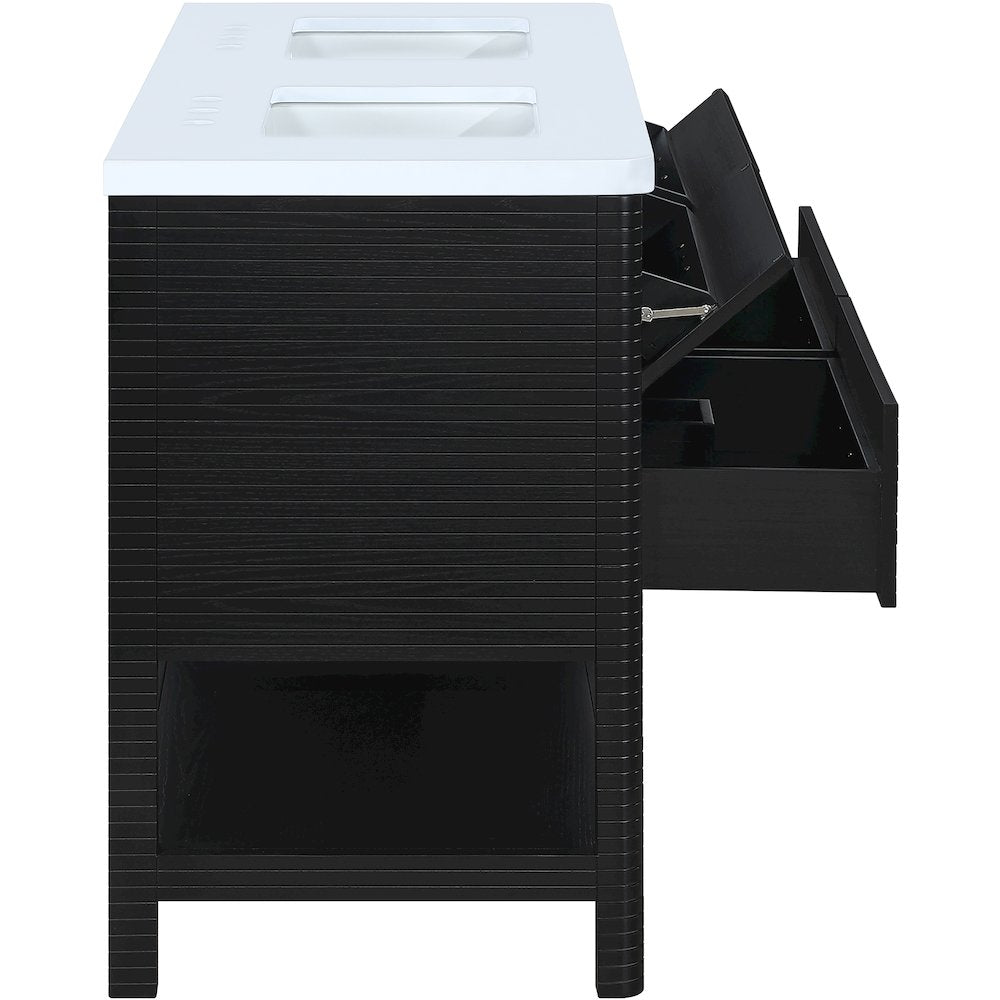 Oakwell 60" Black Engineered Stone And Solid Wood Bathroom Vanity