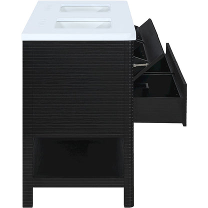 Oakwell 60" Black Engineered Stone And Solid Wood Bathroom Vanity