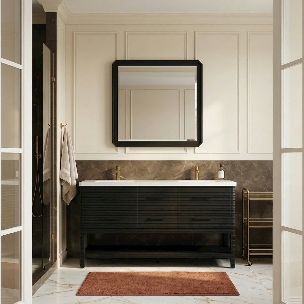 Oakwell 72" Black Engineered Stone And Solid Wood Bathroom Vanity