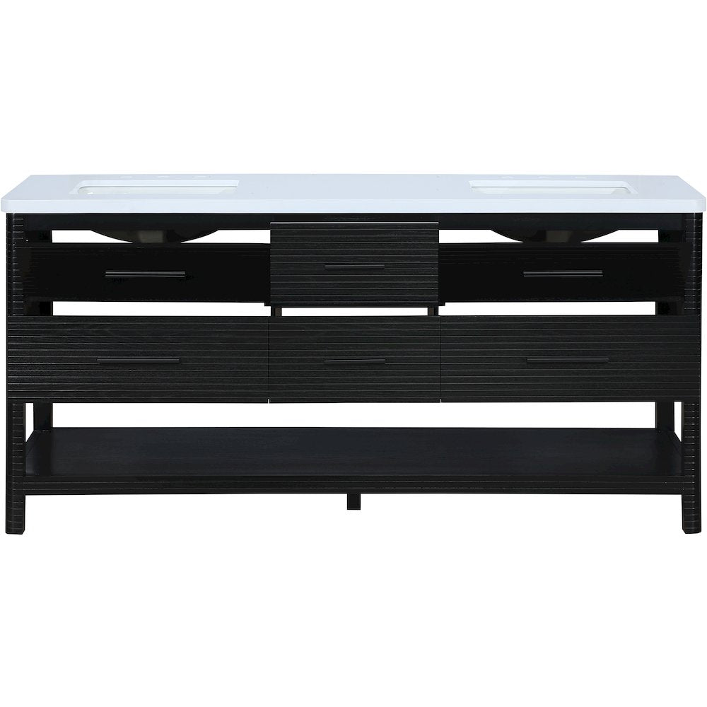 Oakwell 72" Black Engineered Stone And Solid Wood Bathroom Vanity