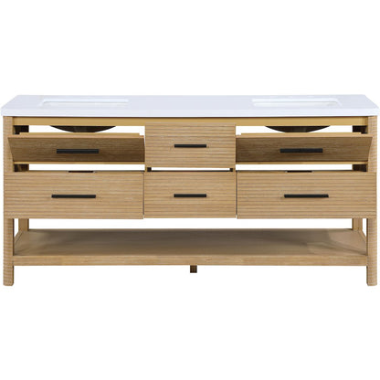 Oakwell 72" Natural Engineered Stone And Solid Wood Bathroom Vanity
