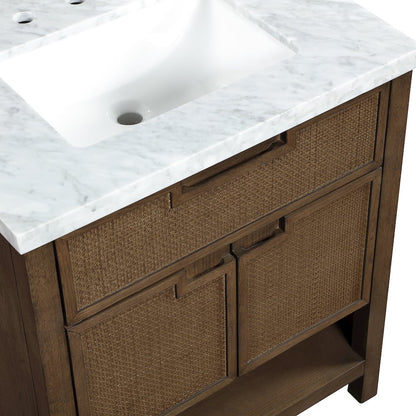 Soren 30" Brown Genuine Carrara Marble And Solid Wood Bathroom Vanity