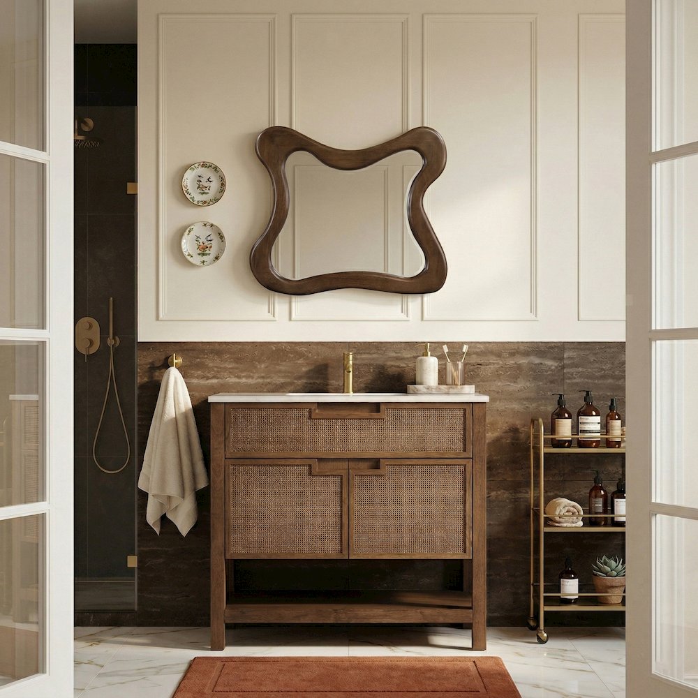 Soren 36" Brown Genuine Carrara Marble And Solid Wood Bathroom Vanity