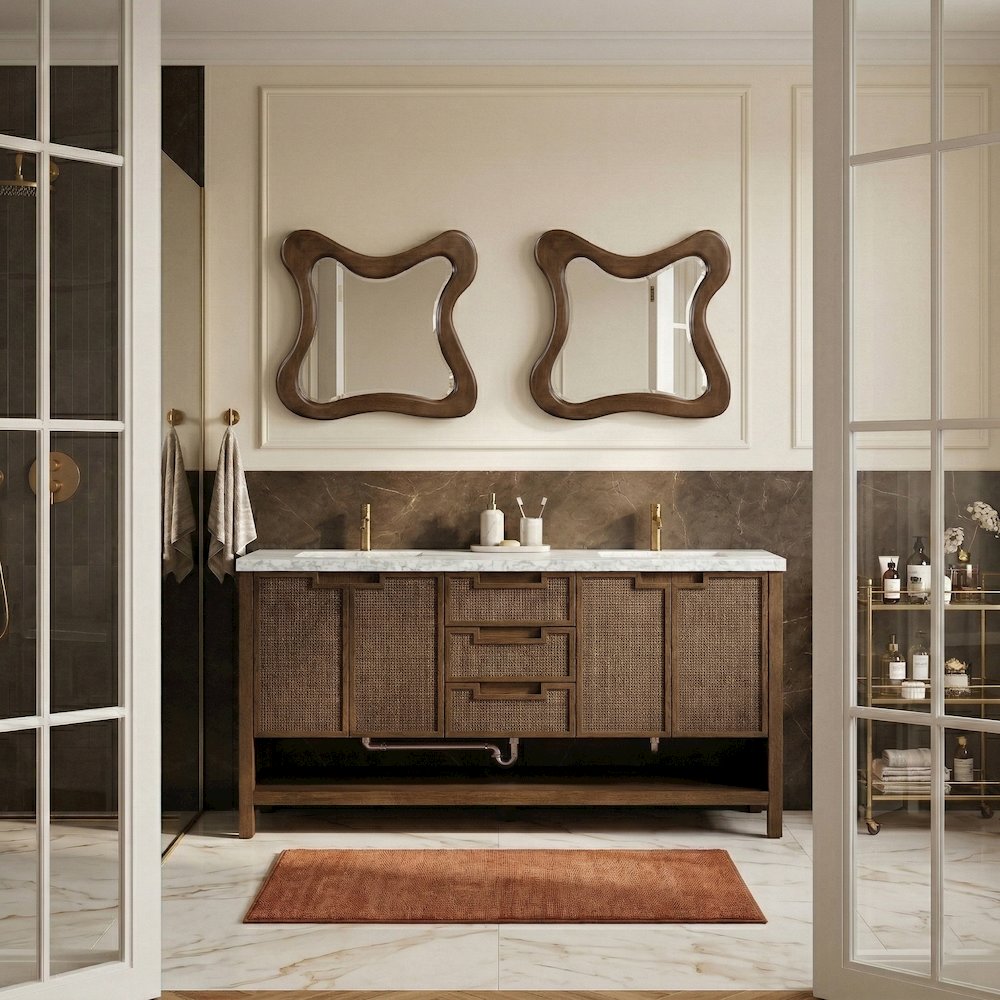 Soren 72" Brown Genuine Carrara Marble And Solid Wood Bathroom Vanity