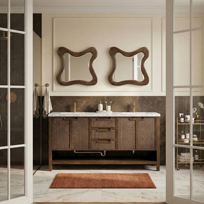 Soren 72" Brown Genuine Carrara Marble And Solid Wood Bathroom Vanity