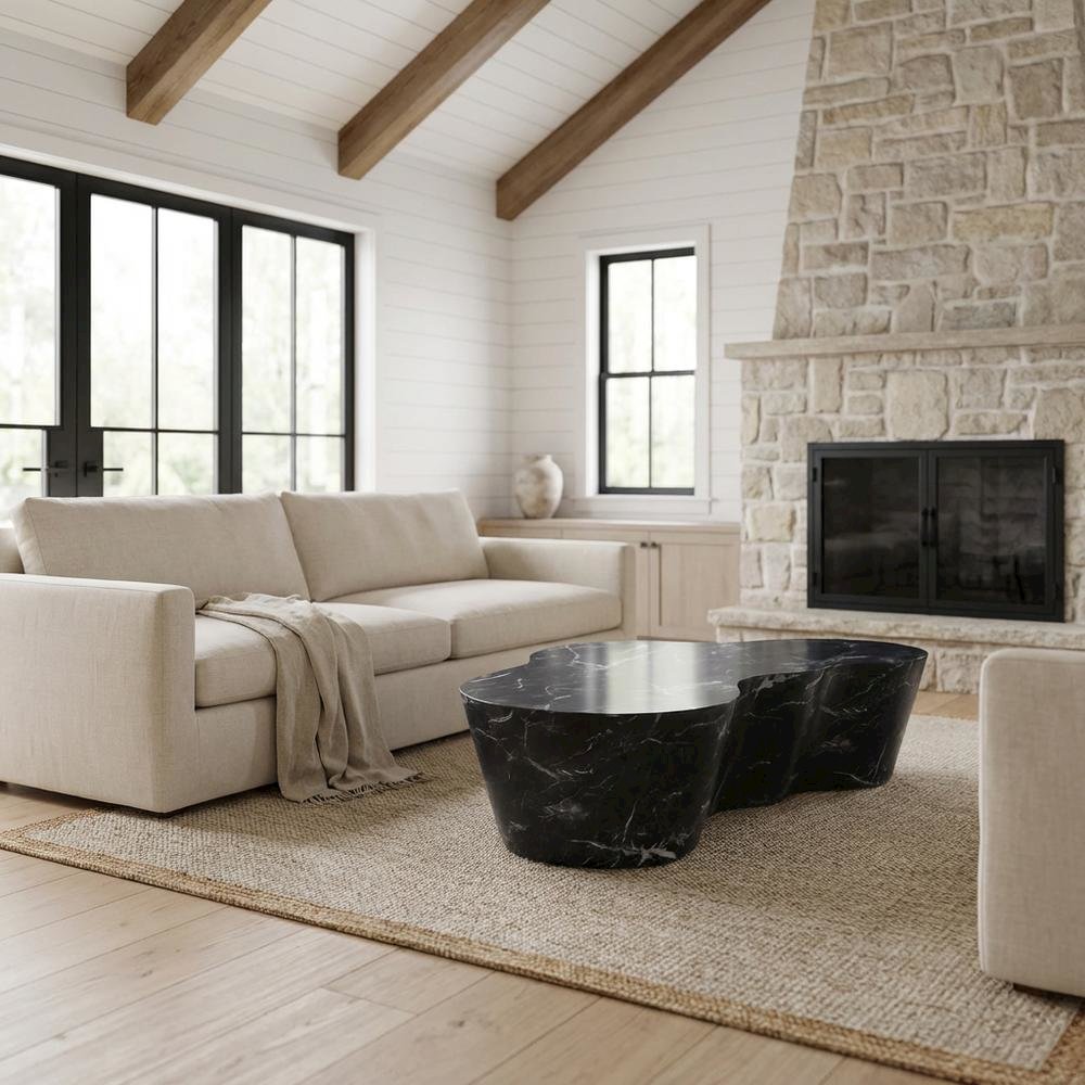 Black Marble Finish Concrete Coffee Table with Art Deco Style and Flat Legs