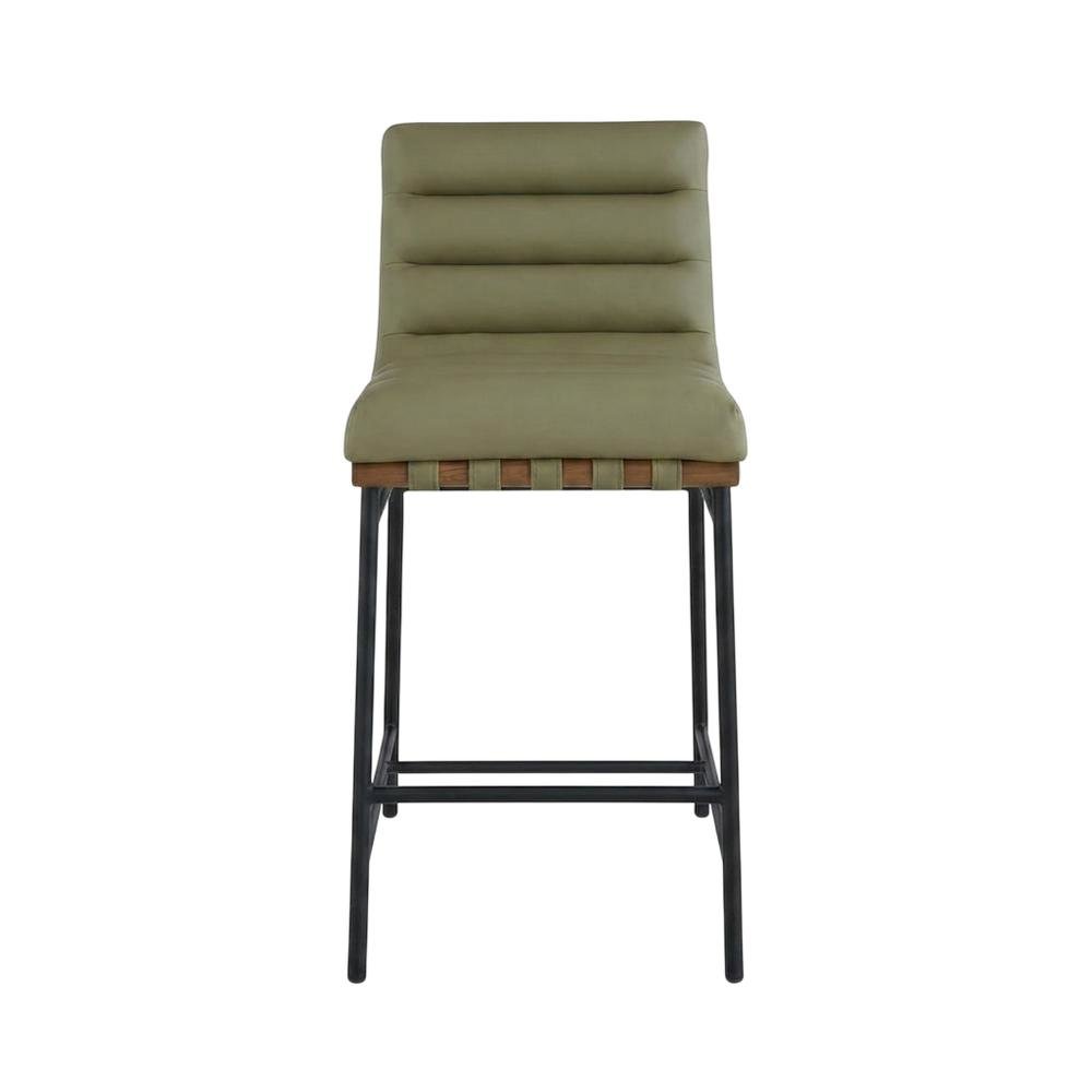 Vegan Leather & Boucle Counter Stool for Bar, Green Vegan Leather
