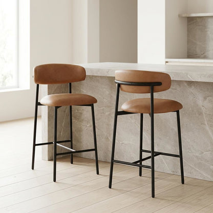 Vegan Leather Counter Stools with Back, Kitchen Island, Cognac, Set of 2