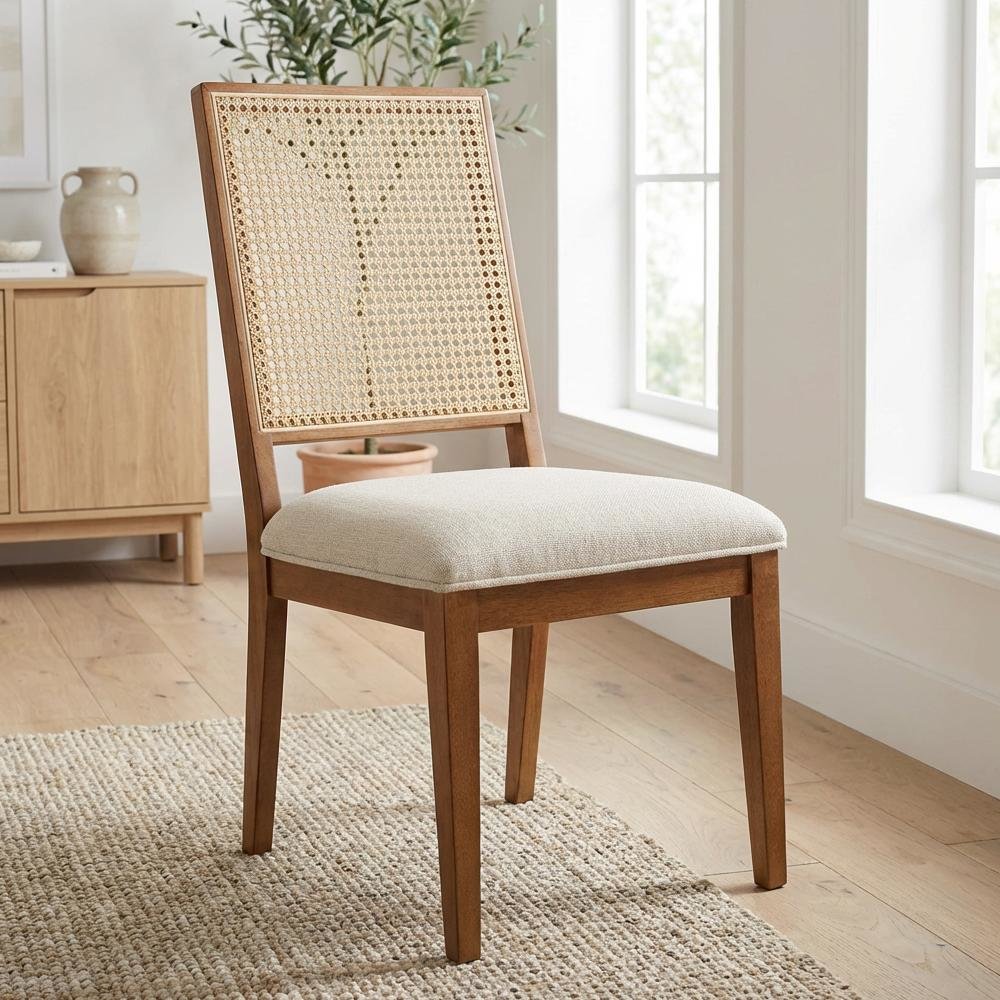 Walnut Linen Textured Dining Chair Set of 2 with Mid-Century Backrest