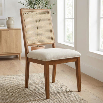 Walnut Linen Textured Dining Chair Set of 2 with Mid-Century Backrest