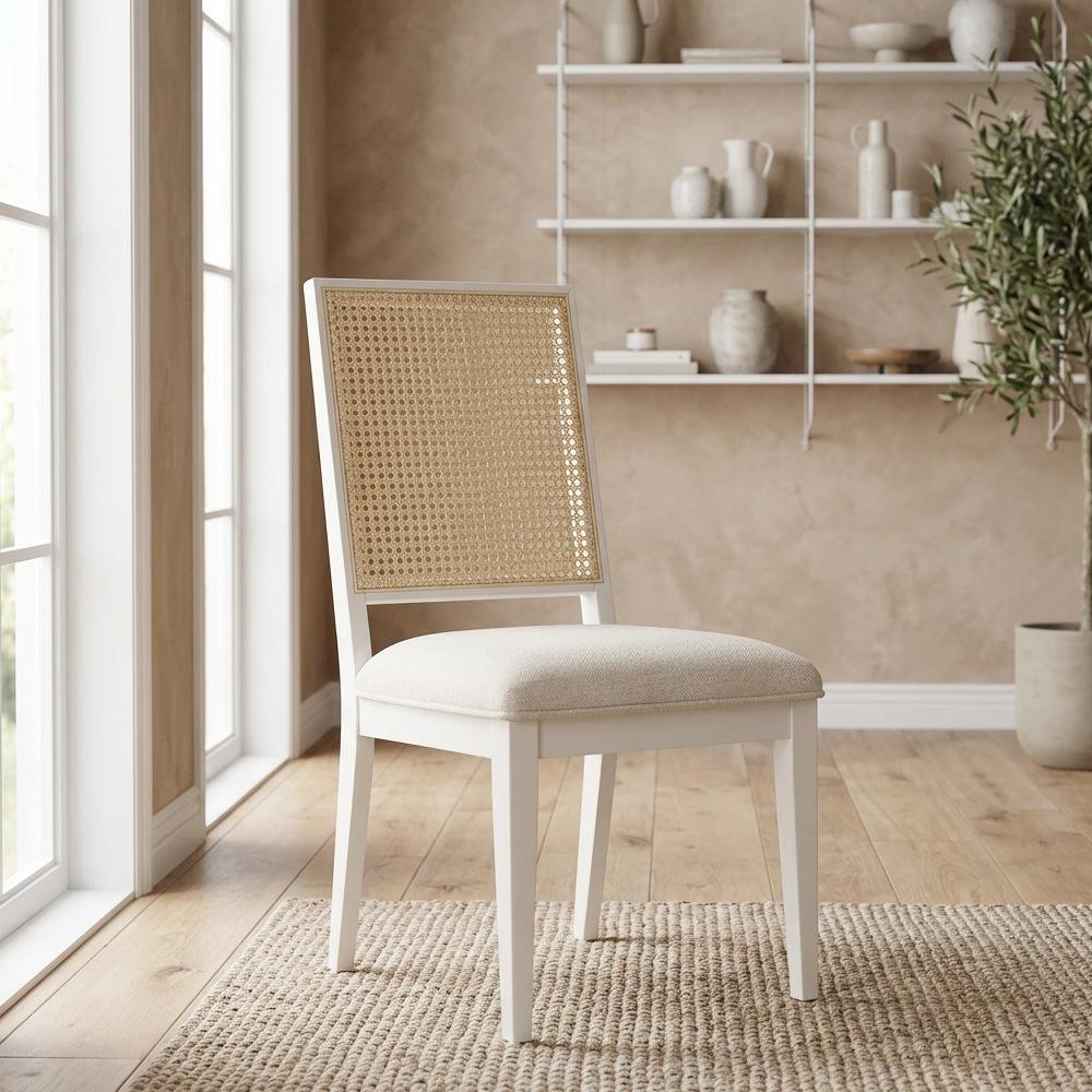 White Linen Textured Dining Chairs Set of 2 with Mid-Century Design