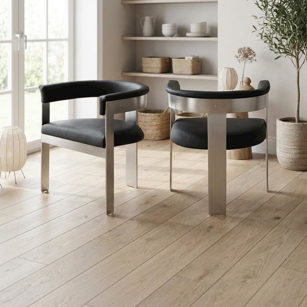 Black Vegan Leather Dining Chair Set of 2 with Brushed Chrome Frame and Armrests