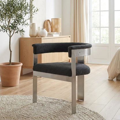 Boucle Fabric Dining Chairs in Black with Brushed Chrome Frame, Set of 2