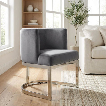 Gray Velvet Dining Chair with Chrome Frame and Arm Height 29.5 Contemporary