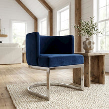 Navy Velvet Dining Chair with Chrome Frame and Contemporary Arm Design