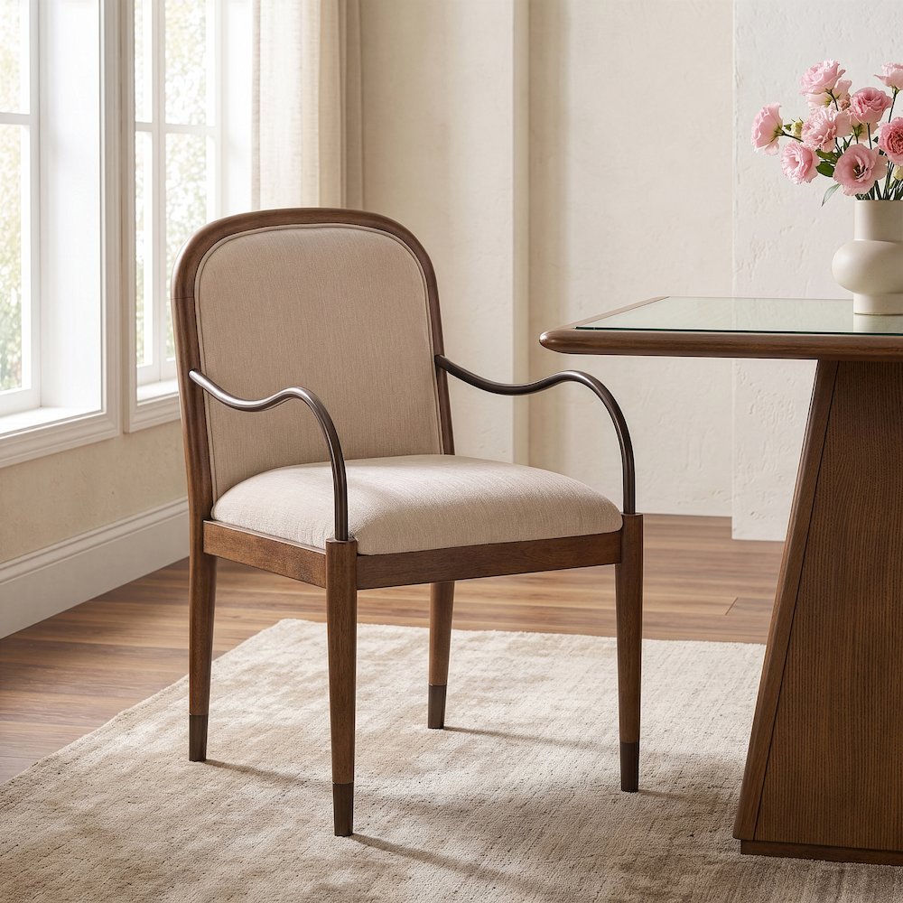 Cambria Beige Performance Fabric Upholstered Dining Arm Chair