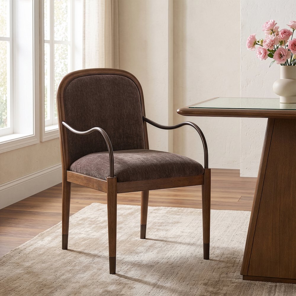 Cambria Brown Performance Fabric Upholstered Dining Arm Chair