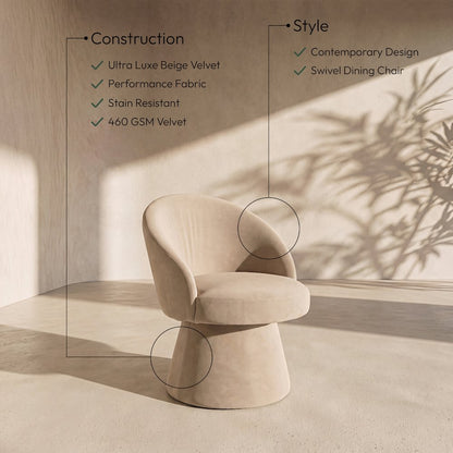 Selene Beige Velvet Performance Fabric Upholstered Swivel Dining Chair