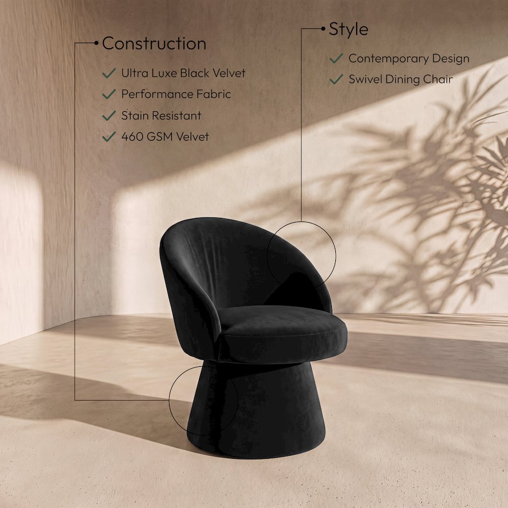 Selene Black Velvet Performance Fabric Upholstered Swivel Dining Chair
