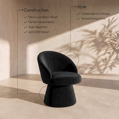 Selene Black Velvet Performance Fabric Upholstered Swivel Dining Chair