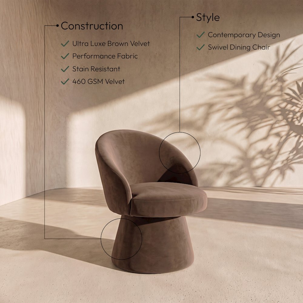 Selene Brown Velvet Performance Fabric Upholstered Swivel Dining Chair