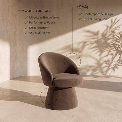 Selene Brown Velvet Performance Fabric Upholstered Swivel Dining Chair