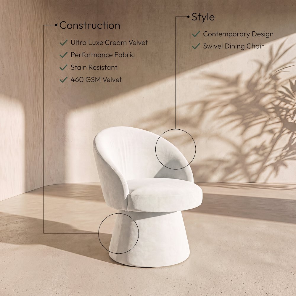 Selene Cream Velvet Performance Fabric Upholstered Swivel Dining Chair