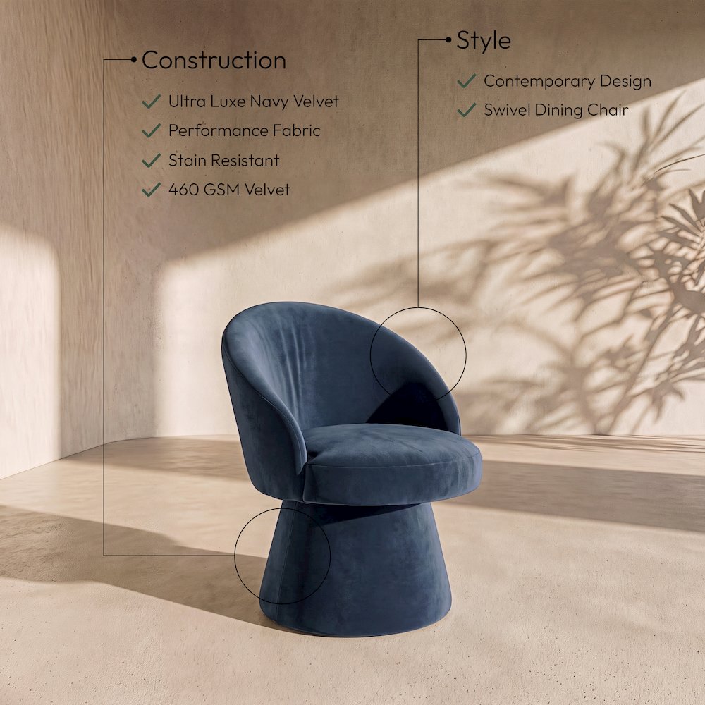 Selene Navy Velvet Performance Fabric Upholstered Swivel Dining Chair