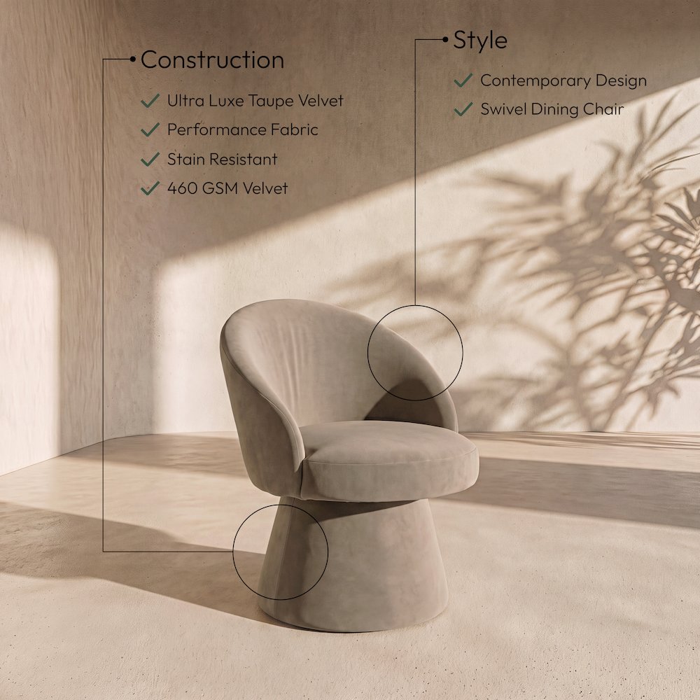 Selene Taupe Velvet Performance Fabric Upholstered Swivel Dining Chair
