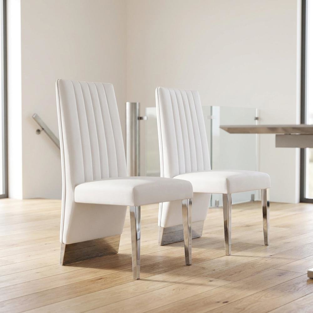Vegan Leather Upholstered Dining Chair, White Vegan Leather, Set of 2