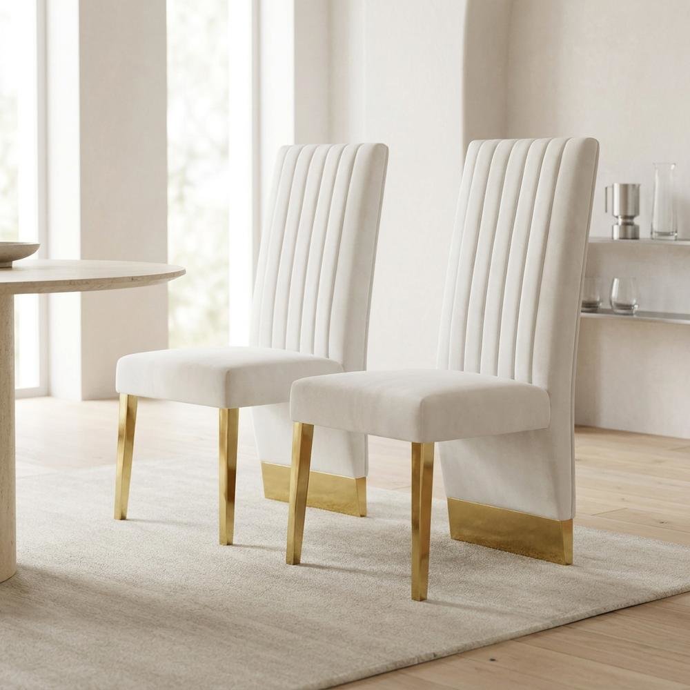 Velvet Upholstered Dining Chairs with Gold Metal Legs, Cream Velvet, Set of 2