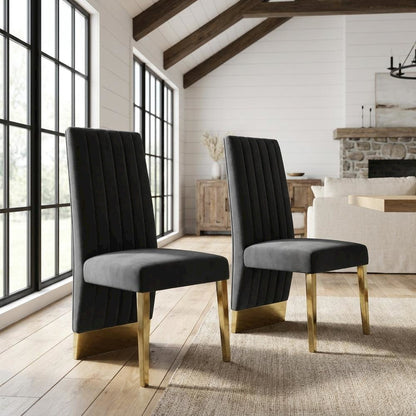 Velvet Upholstered Dining Chairs with Gold Metal Legs, Grey Velvet, Set of 2