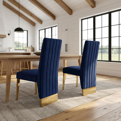 Velvet Upholstered Dining Chairs with Gold Metal Legs, Navy Velvet, Set of 2