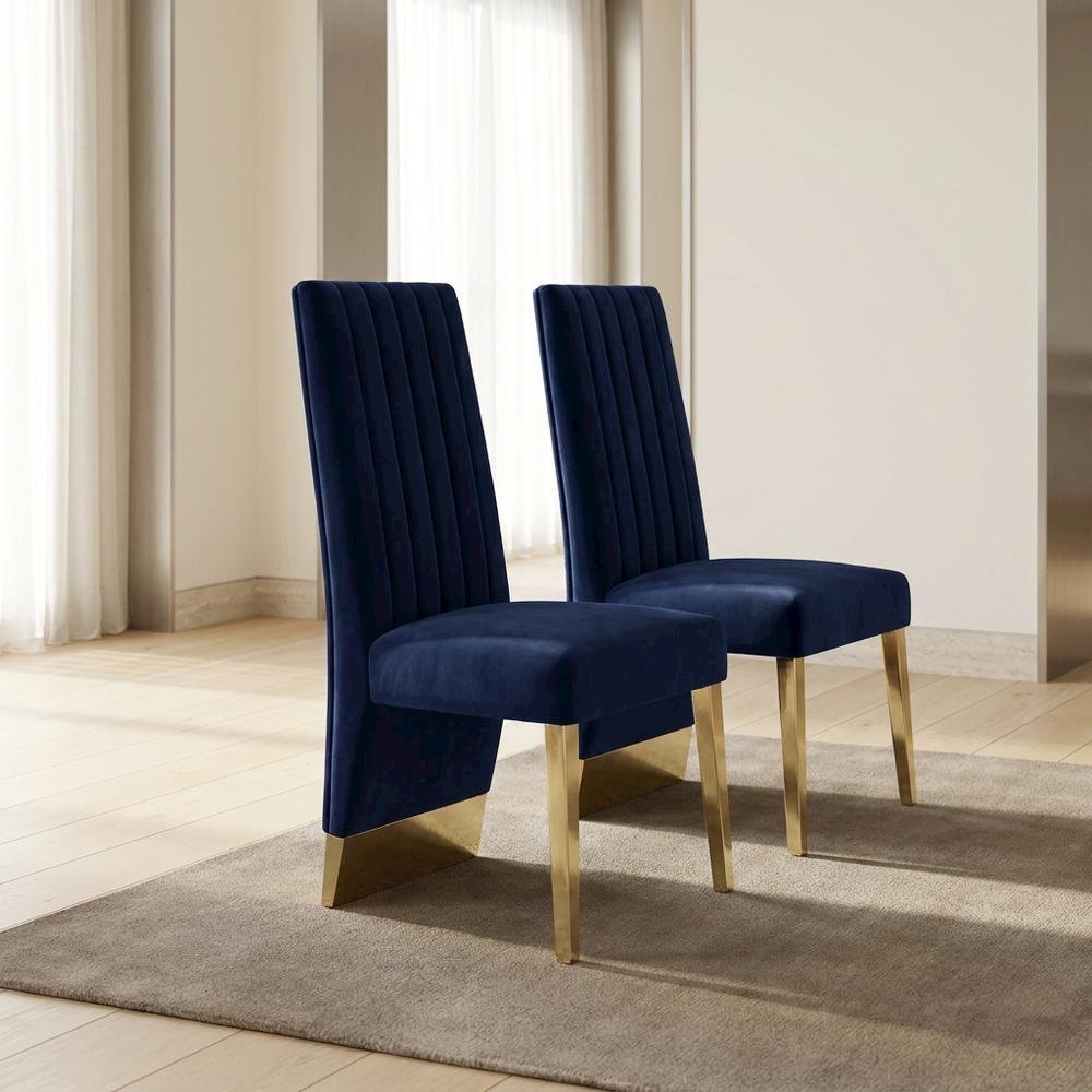 Velvet Upholstered Dining Chairs with Gold Metal Legs, Navy Velvet, Set of 2
